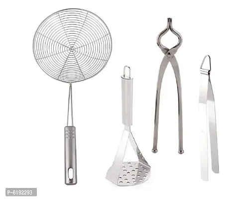 Combo Of Stainless Steel Deep Fry Strainer, Stainless Steel Pav Bhaji Masher, Steel Kitchen Pakad Tool And Roti Chimta Tong