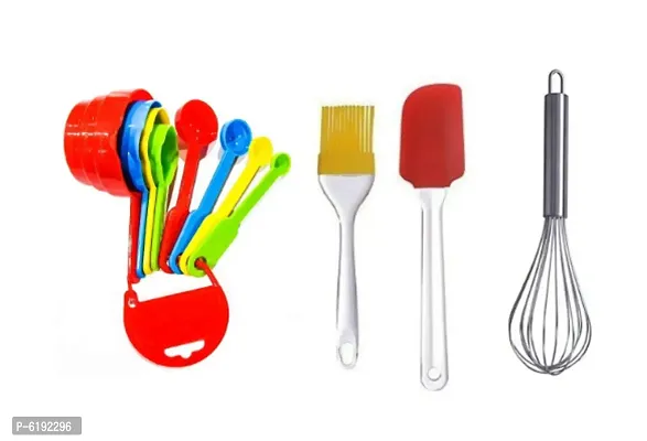 8 Pc Measuring Cups And Measuring Spoons With Silicone Spatula Brush and Steel Whisk For Baking Kitchen Tools (Multi Colour)