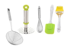 Stainless Steel Deep Fry Strainer, Egg Beater, Potato Masher And Silicone Spatula(Pack Of 1)and Brush-thumb1