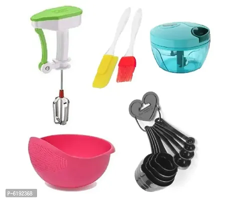 Vegetable Chopper With Power Free Hand Blender+ Silicone Spatula And Oil Brush+ Rice Washing Bowl And 8Pcs Measuring Cups And Spoons