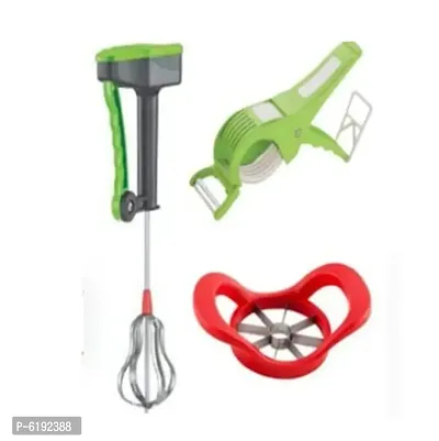 Combo Of Plastic Vegetable Cutter 5 Sharp Blade With Peeler And Multi-Functional Apple Cutter With Stainless Steel Blade, With Power Free Hand Blender