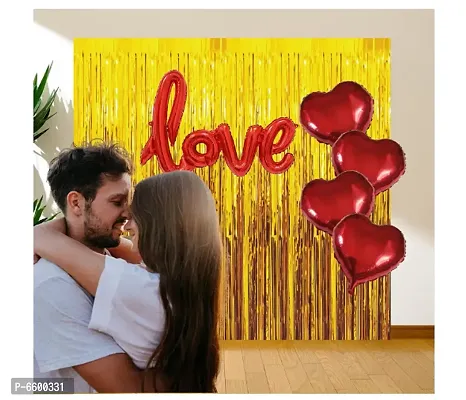8 Pieces Golden Fringe andndash; Red Love Foil Balloon and Heart Balloon Combo