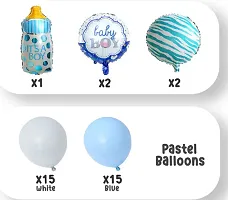 15 Pieces White 15 Pieces Blue Pastel Balloons ,2 Pieces Both Side Round Baby Boy Foil Balloons , 2 Pieces Both Side Printed Blue Stripes Round Foil Balloons, 1 Pc Its A Boy Bottle-thumb1