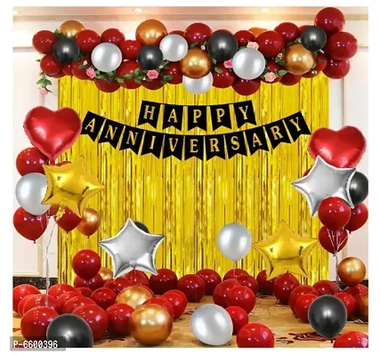 Happy Anniversary Decoration Kit For Home -70 Items Happy Anniversary Banner, Foil Curtains, Metallic Balloons, Star And Heart Foil Balloons Anniversary Decoration Items