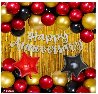 Happy Anniversary Decoration Kit For Home -34 Items Golden Combo Set Foil Banner, Curtains, Metallic Balloons, Star Foil Balloons Anniversary Decoration Items