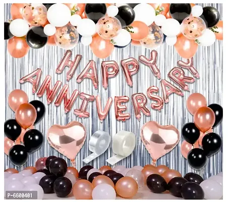 Rose Gold Happy Anniversary Decorations For Home With Foil Balloon Metallic Balloons Heart Foil, Foil Curtain Combo 41 Pieces-thumb0