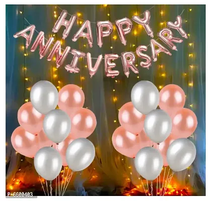 Happy Anniversary Decoration Kit For Home -22 Items Rose Gold Combo Set Bunting, Balloons, Foil Balloons And Light Anniversary Decoration Items