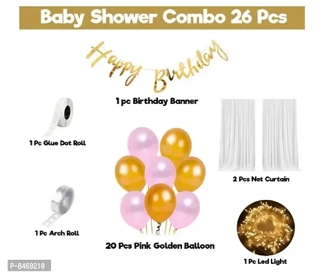 Trendy Latex, Cardstock Decoration Items For Birthday -26Pcs Combo With White Net, Led Fairy Lights And Pink-Golden Balloons - Background Decoration Items, Cabana Tent Decoration-thumb2