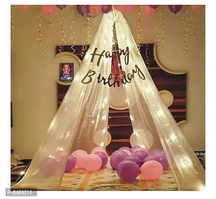 Trendy Tent Birthday Decoration Set Includes White Net For Cabana Theme Party With Led Lights, Happy Birthday Gold Cursive Banner And Pink Purple Metallic Balloons Romantic Dinner Decorations For Girls Backdrop
