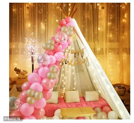 Trendy Latex, Cardstock Decoration Items For Birthday -26Pcs Combo With White Net, Led Fairy Lights And Pink-Golden Balloons - Background Decoration Items, Cabana Tent Decoration-thumb0