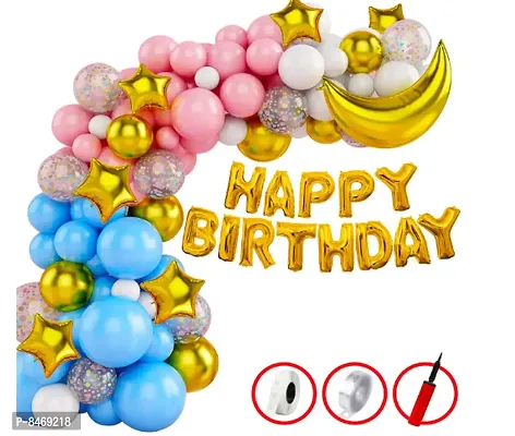 Trendy Happy Birthday Decorations For Boys-Happy Birthday Foil Balloon, Star-Moon Foil, Metallic Balloons With Hand Balloon Pump-Decoration Items For Birthday, Birthday Decoration Kit Combo-75Pcs