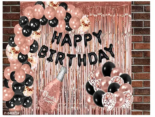 Trendy 49Pcs Happy Birthday Black Foil Balloon Decoration Kit With Rosegold Fringe Curtain, Cheers Bottle Foil Balloon, Pre-Filled Confetti And Metallic Balloons (Black And Rose Gold)