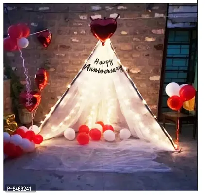 Trendy White Decoration Net With Led Fairy Lights And Balloon Combo - Set Of 25 Anniversary Party Celebration Wedding And Valentines Day Or Cabana Tent Decoration For Your Loved Ones-thumb0