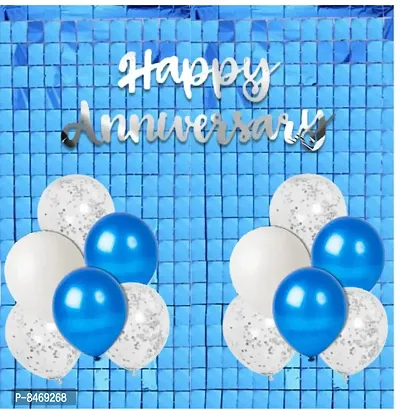 Trendy Blue Anniversary Decoration Items Combo - 15 Pcs - Happy Anniversary Cursive Banner, Square Curtain, Confetti And Metallic Balloons - Wedding Anniversary Decoration