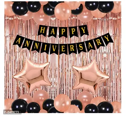 Trendy Happy Anniversary Decoration Kit For Home -34 Items Rose Gold Combo Set Bunting, Curtains, Balloons, Foil Balloons Anniversary