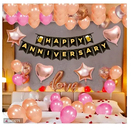 Trendy Paper, Foil, Latex Happy Anniversary Decoration Kit For Home - 31 Items Rose Gold Combo Set - Anniversary Decoration Items For Bedroom Balloon, Star, Heart