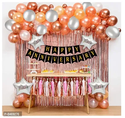 Trendy Happy Anniversary Decoration Kit For Home -31 Items Rose Gold Combo Set Bunting, Curtains, Balloons, Foil Balloons Anniversary Decoration Items For Bedroom