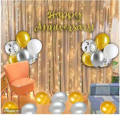 Trendy Silver And Golden Anniversary Decorations For Home - 27 Pcs Combo - Anniversary Cursive Banner, Confetti And Metallic Balloons Decoration For Couple, Mom, Dad