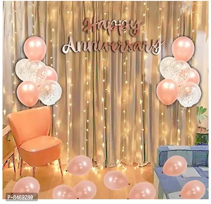 Trendy Rosegold Anniversary Decoration Items - Anniversary Cursive Banner, Fairy Light, Confetti And Metallic Rubber Balloons, Pack Of 24 Pcs