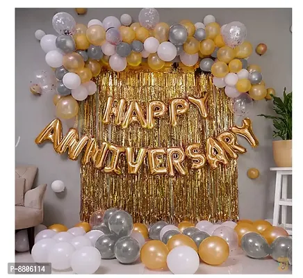 63  Pieces 15 White , 15 Silver And 15 Gold Metallic Foil Balloons, 16  Pieces Gold Happy Anniversary Letters Foil Balloon, 2  Pieces Gold Curtains