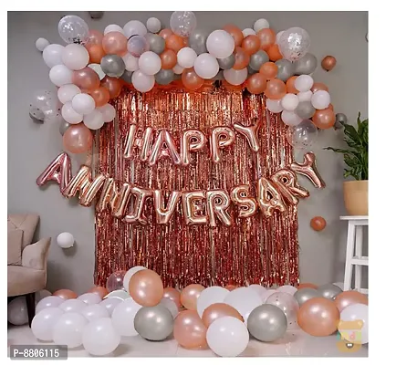 63  Pieces 15 Rose Gold , 15 Silver And 15 White Metallic Foil Balloons, 1 Rose Gold Happy Anniversary Letters Foil Balloon, 2  Pieces Rose Gold Curtains