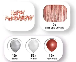 63  Pieces 15 Rose Gold , 15 Silver And 15 White Metallic Foil Balloons, 1 Rose Gold Happy Anniversary Letters Foil Balloon, 2  Pieces Rose Gold Curtains-thumb1