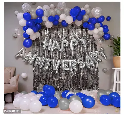 63  Pieces 15 White , 15 Silver And 15 Blue Metallic Foil Balloons, 16  Pieces Silver Happy Anniversary Letters Foil Balloon, 2  Pieces Silver Curtains