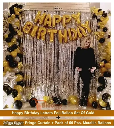 Perfect 63 Pcs Combo Happy Birthday Letter Foil Balloon  + Silver Fringe Curtain  + Metallic Balloons-thumb0