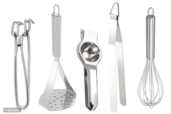 Stainless Steel 1 Pakkad, 1 Potato Masher, 1 Lemon Squezer,1 Chimta and 1 Egg Whisk Kitchen Tool (Color- Silver, Set of 5 Pieces)-thumb0