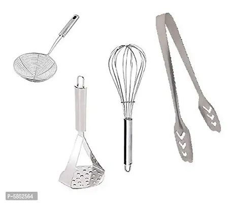 &nbsp; Stainless Steel Potato Masher, Egg Whisker, Deep Fry Strainer and chappati Tong Set of 4pcs