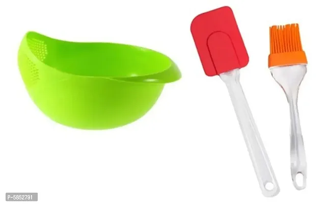 Rice Bowl Strainer Vegetable Washing Basket and Silicon Spatula with Brush Combo of 2-thumb0