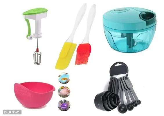 Handy Vegetable Plastic Chopper + Power Free Manual Hand Blender  + Rice Bowl + 8pcs Measuring Cup and Spoon Set + Silicone Spatula & Oil Brush Set (Multi Colour) Combo-thumb0