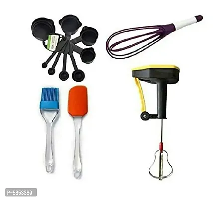 Silicone Oil Brush and Spatula, Plastic Whisk Beater and Manual Power Free Hand Blender , 8 Pieces Measuring Spoon and Cup Set.