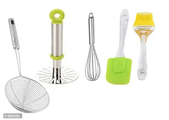 1 Masher, 1 Egg Beater Whisker  1 Deep Fry Strainer , Silicone oil brush spatula