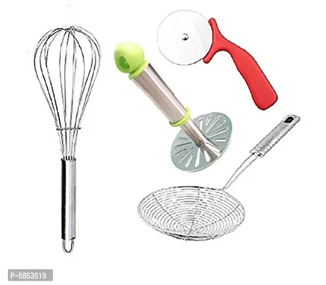 &nbsp; 4 pcs Stainless Steel Potato Vegetable Masher, Egg Whisk , deep Fry Strainer and Pizza Cutter