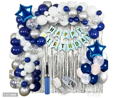 Dark Blue With Silver Happy Birthday Decoration Items Kit Combo Set  - 62 pieces