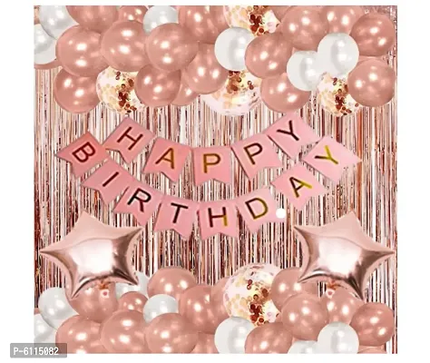 rose gold pink white Happy Birthday Decoration Combo Kit with Banner, Balloons, Foil Curtain, star foil 48pcs for Birthday Decoration-thumb0