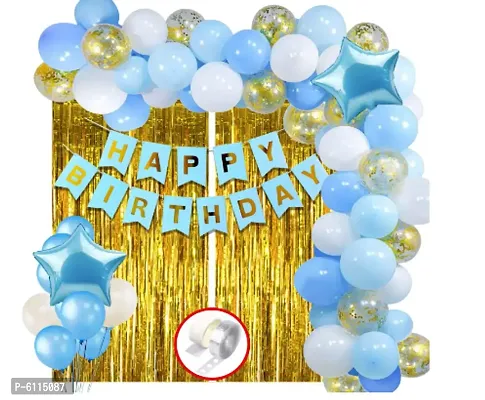 blue Happy Birthday Decoration Items Kit Combo Set Birthday Banner Golden Foil Curtain Metallic Confetti Balloons With Hand Balloon Pump And Glue Dot - 60 pieces