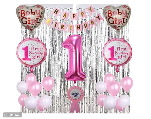 Girl First Birthday Decorations Items Combo Set of 52 Pcs for Baby Girl, 1st Birthday Decoration foil Balloons, Pink and White Balloons, Silver Curtains, Bday Girl Badge-thumb0