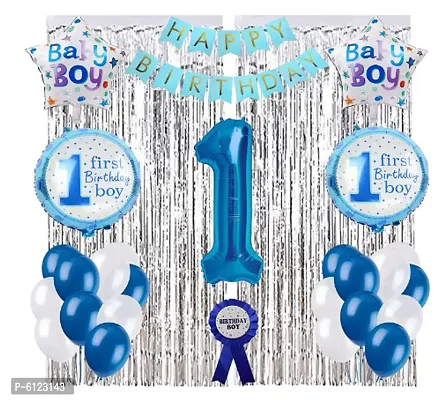 Boy First Birthday Decorations Items Combo Set of 52 Pcs for Baby Boy, 1st Birthday Decoration foil Balloons, Blue and White Balloons, Silver Curtains, Bday Boy Badge-thumb0