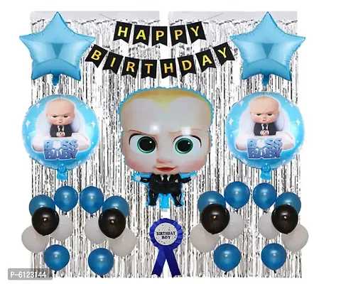 Boss Baby Birthday Decorations Kit Combo of 57 Pcs for Baby Boy, Foil Balloons for Theme Decorations Items, Blue, Black and White Balloons, Silver Curtains, Bday Boy Badge-thumb0