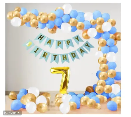 7 year Decoration kit For Boy and Girl Happy-Birthday 62 Pcs Combo Items 20 golden, 20 White 20 Blue balloons and 13 letter happy birthday banner and 1 letter golden foil balloon.