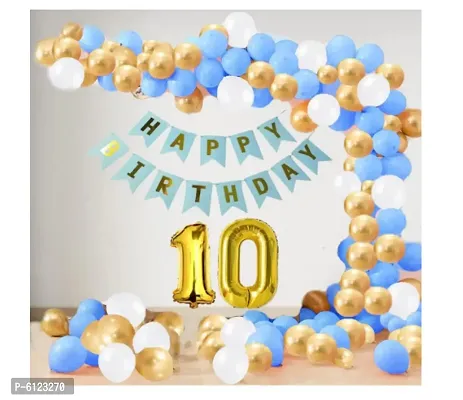 10 year Decoration kit For Boy and Girl Happy-Birthday 62 Pcs Combo Items 20 golden, 20 White 20 Blue balloons and 13 letter happy birthday banner and 1 letter golden foil balloon.-thumb0