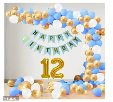 12 year Decoration kit For Boy and Girl Happy-Birthday 62 Pcs Combo Items 20 golden, 20 White 20 Blue balloons and 13 letter happy birthday banner and 1 letter golden foil balloon.