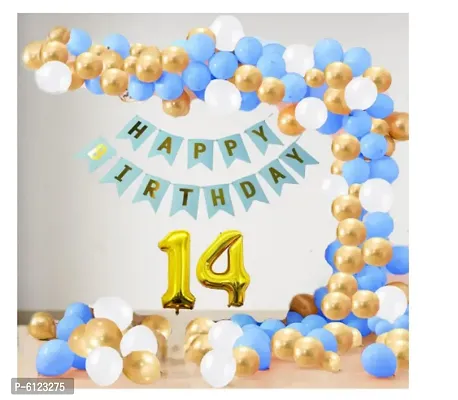 14 year Decoration kit For Boy and Girl Happy-Birthday 62 Pcs Combo Items 20 golden, 20 White 20 Blue balloons and 13 letter happy birthday banner and 1 letter golden foil balloon.