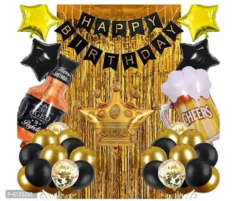 Happy Birthday Banner Decoration Kit - 38Pcs Set for Boys Husband Balloons Decorations Items Combo with Cheers Mug Foil Balloon Crown Foil, Age Perfect, Metallic Balloons With Foil Curtain