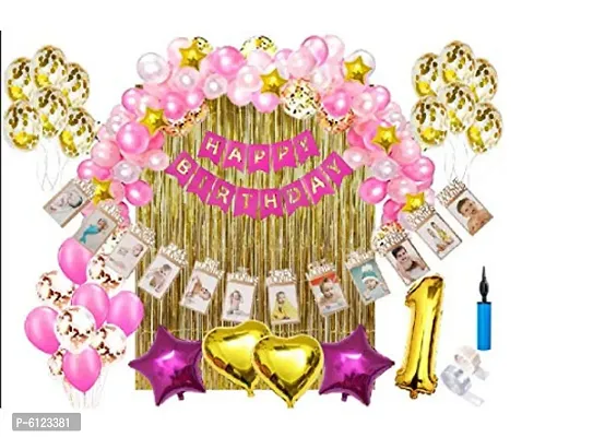 1st Birthday Decorati+Golden Foil 1no (1)+Golden Foil Curtain(1)+Gold Foil Star 5andquot;(10)+Foil Star Pink(2)+Gold Foi-thumb0