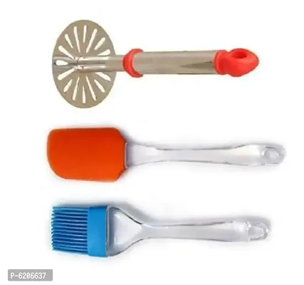 Combo of Spatula and Oil Brush Set +, potato masher (Steel)