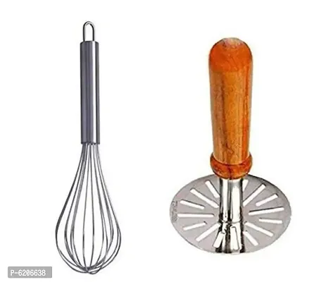 Combo of (Steel) whisk + Potato Masher (Wooden handle )