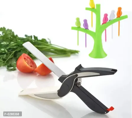 Combo of Plastic Fruit Fork Set with Stand and Vegetable Clever Cutter